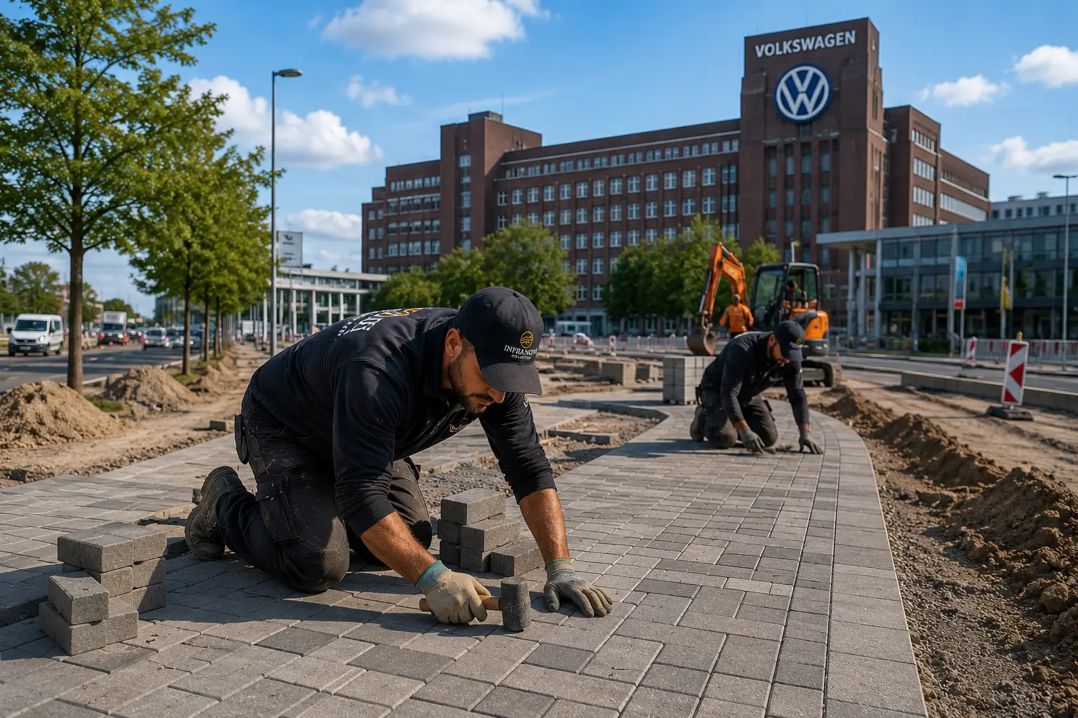 Pflasterarbeit Wolfsburg mit professioneller Pflasterverlegung vor urbaner Infrastruktur